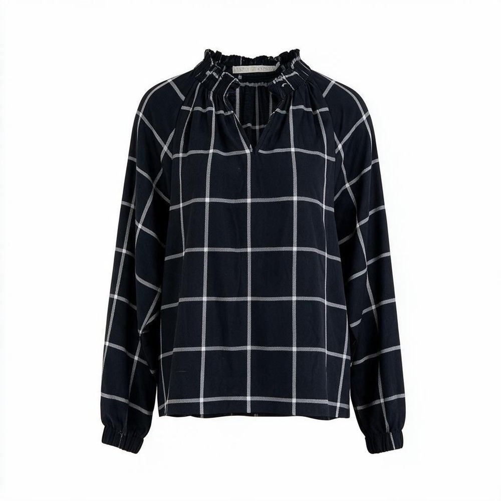 Marie Oliver Black Windowpane Silk Cotton Ruffle Neck Blouse Medium